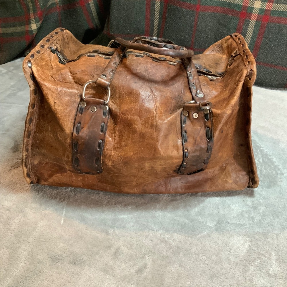 Vintage 1970s Handmade Leather Whipstitch Duffel Bag Brown Boho Travel Weekender